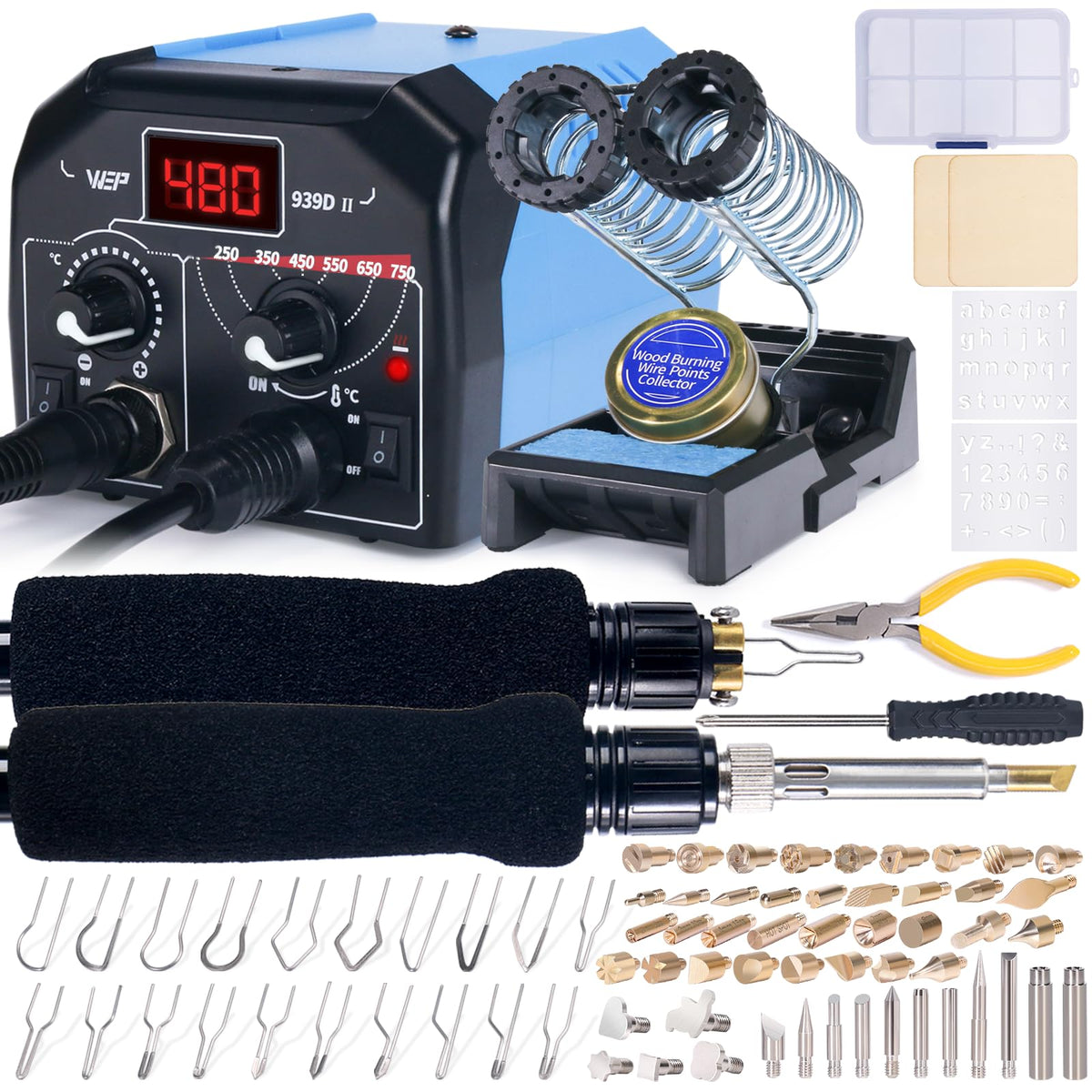 939D-II 2-IN-1 Wood Burning Kit 86-IN-1 with 51 Solid Points and 20 Wire Nibs Wood Burner with 2 Letter Number Stencils, 2 Unfinished Wood, 1 Pen Holder, Burning Tool
