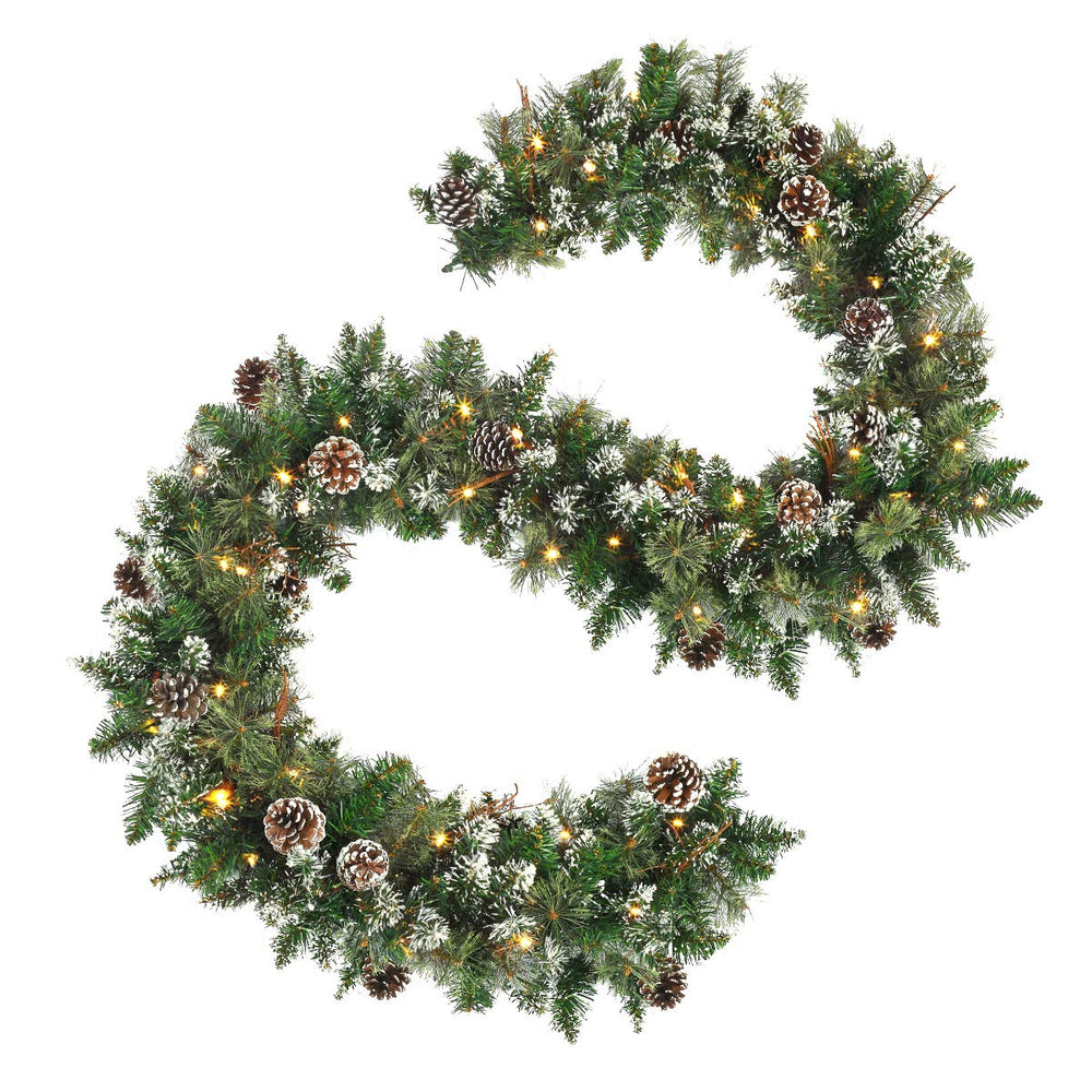 9 FT Prelit Christmas Garland with Pine Cones, Artificial Snowy Pine Garland for Christmas 50 LED Battery Operated Warm Lights and Timer Xmas Garlands Decor Indoor Outdoor