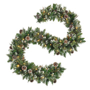 9 FT Prelit Christmas Garland with Pine Cones, Artificial Snowy Pine Garland for Christmas 50 LED Battery Operated Warm Lights and Timer Xmas Garlands Decor Indoor Outdoor