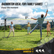 3-in-1 Volleyball Badminton Pickleball Net Set Adjustable Height Indoor & Outdoor Games, 17FT Portable Net, Height Adjustable 5.1-7.4FT, Combo Set with Balls Rackets Shuttlecocks Carry Bag