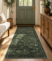 Washable Olive Green 8x10 Area Rugs for Living Room, Dark Vintage Rug for Bedroom Non Slip Distressed, Large Soft Boho Floral Carpet for Playroom Dining Room Home Office Decor