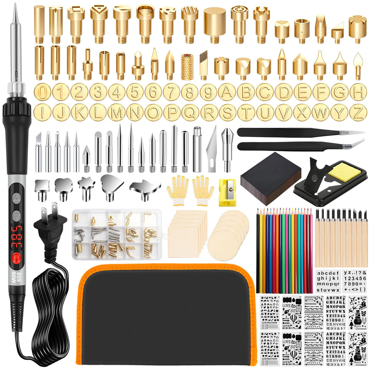 203PCS Wood Burning Kit, 100W Digital Wood Burner Tool with Adjustable Temperature, Pyrography Pen Set with 54 Tips, Letter Number Stamps, 10 Stencils, Transfer Papers, Carving Tools & Case