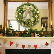 21" Lighted Christmas Wreath with Metal Hanger, Pre-lit Xmas Folded Wreath with LED Lights, Golden Bow & Balls, Battery Operated & Timer for Front Door Gate Wall Holiday Party Decor