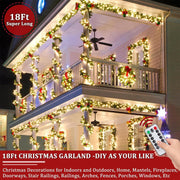 Remote Control&Super Long&8 Modes-18Ft Prelit Snowy Bristle Pine Christmas Garland for Stairs Door Porch Mantle Outdoor Indoor,100 Warm White&Color Switch Lights,Timer,352 Branches 50 Berry Pinecone