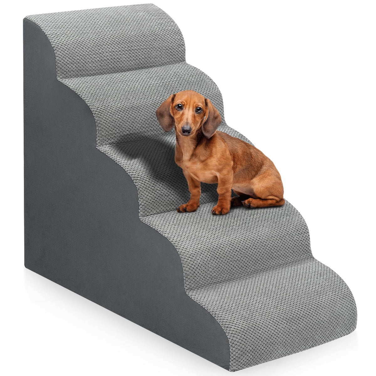 Dog Stairs for high Beds 28.7” H, 5 Step Pet Ramp for Large Dogs High-density foam ramp fits small to large dogs get on couch or sofa, non-slip bottom, grey