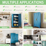 Home Farmhouse Storage Cabinet with 2 Barn Door, 61" H Metal Cabinet Tall Kitchen Pantry Cupboard with 3 Adjustable Shelves, for Dining Room, Bathroom, Laundry Room, Living Room (Blue Green)