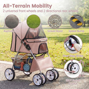 Foldable Pet Stroller for Small Dogs & Cats, Lightweight Dog Stroller with Lockable Wheels, One-Hand Quick Fold, Adjustable Canopy, Safety Leash & Storage Basket, Pet Travel Stroller, Beige