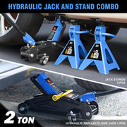 Low Profile Hydraulic Trolley Service/Floor Jack Combo with 2 Ratchet Jack Stands, 2 Ton (4000 lbs) Capacity, Blue, PM-TOL-FJ3P-BL