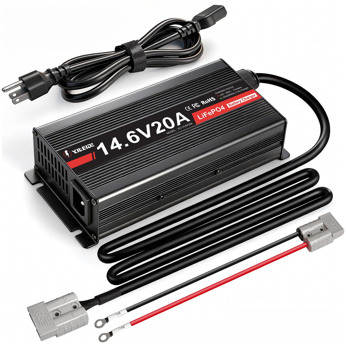 12V 20A Lithium Battery Charger for 14.6V LiFePO4 Batteries 0V Activation, Multi-protection, with Anderson Connector, for 14.6V Lifepo4 Batteries of RV, Boat and Solar Systems