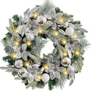 Pre-Lit 24 Inch Silver White Christmas Wreath for Front Door Timer Winter Lighted Xmas Wreath Indoor Outdoor Decoration with Ball Ornaments,Poinsettia,Battery Operated 30 LED Lights