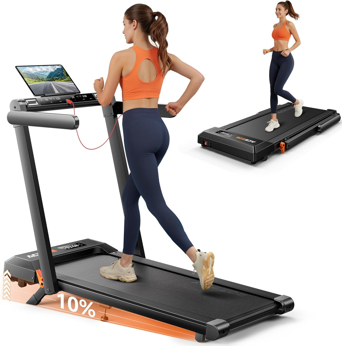 Folding Treadmill with 10% Incline, 2.5 HP Walking Pad with Handle Bar, 300 lb Capacity Treadmills for Home/Office, Foldable Treadmill with App & Speaker, 0.6-10 MPH