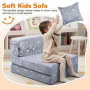 Kids Floor Mattress, 8 in Glow Dinosaur Trifold Sofa Bed, Grey Glow in the dark dinosaur kids floor bed, fold out couch for playroom, guest, travel