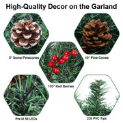 10Ft Christmas Garland with 50 LED Lights - 2 Pack Pre-lit Outdoor Xmas Garland with Timer - Pine Garland with Red Berries Snow Pine Cones - 10 Foot By 10 Inch
