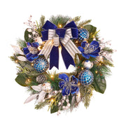 Pre-Lit Christmas Wreath for Front Door with Timer 20 Lights,Lighted Christmas Wreath Silver Blue Xmas Ball for Fireplace Window Outdoor Table Centerpiece Holiday Decoration,Magnolia Winter wreath-20
