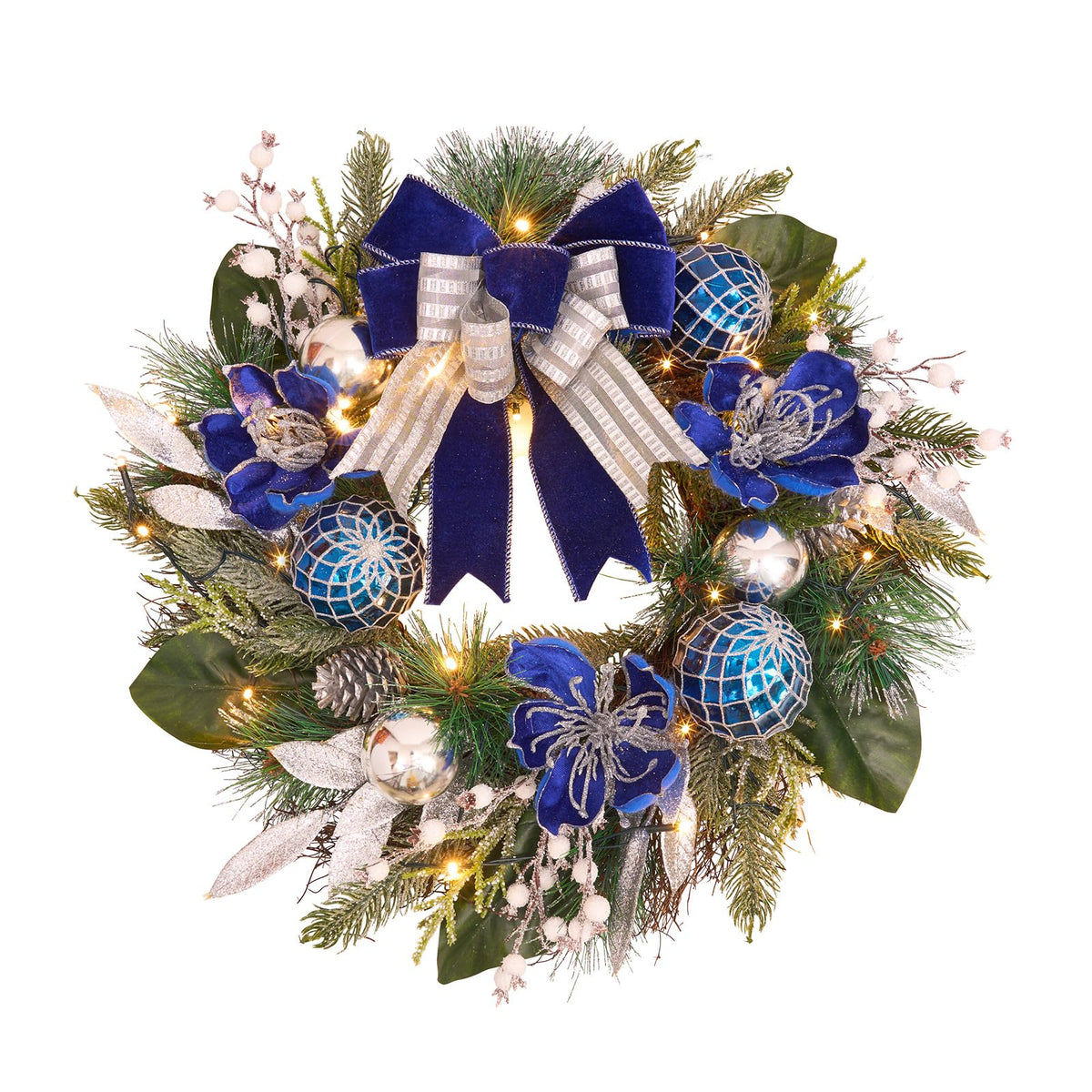 Pre-Lit Christmas Wreath for Front Door with Timer 20 Lights,Lighted Christmas Wreath Silver Blue Xmas Ball for Fireplace Window Outdoor Table Centerpiece Holiday Decoration,Magnolia Winter wreath-20