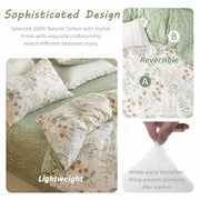 Ivory & Sage Green Natural Floral Cotton Comforter Set Queen Size 3PC, Muted Natural Botanical Reversible Design, Lightweight & Breathable Down Alternative Fill, Queen Comforter + 2 Shams