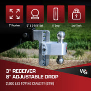 180-Degree Trailer Hitch, 3" Receivers, 8" Drop, SS Balls