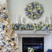 Pre-Lit 6ft Silver Blue Christmas Garland with 30 LED Lights Frozen Winter Xmas Lighted Garland for Mantel with Poinsettia,Pine Cones,Ball Ornaments,Battery Operated Indoor Outdoor Decor
