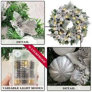 Pre-Lit 24 Inch Silver White Christmas Wreath for Front Door Timer Winter Lighted Xmas Wreath Indoor Outdoor Decoration with Ball Ornaments,Poinsettia,Battery Operated 30 LED Lights