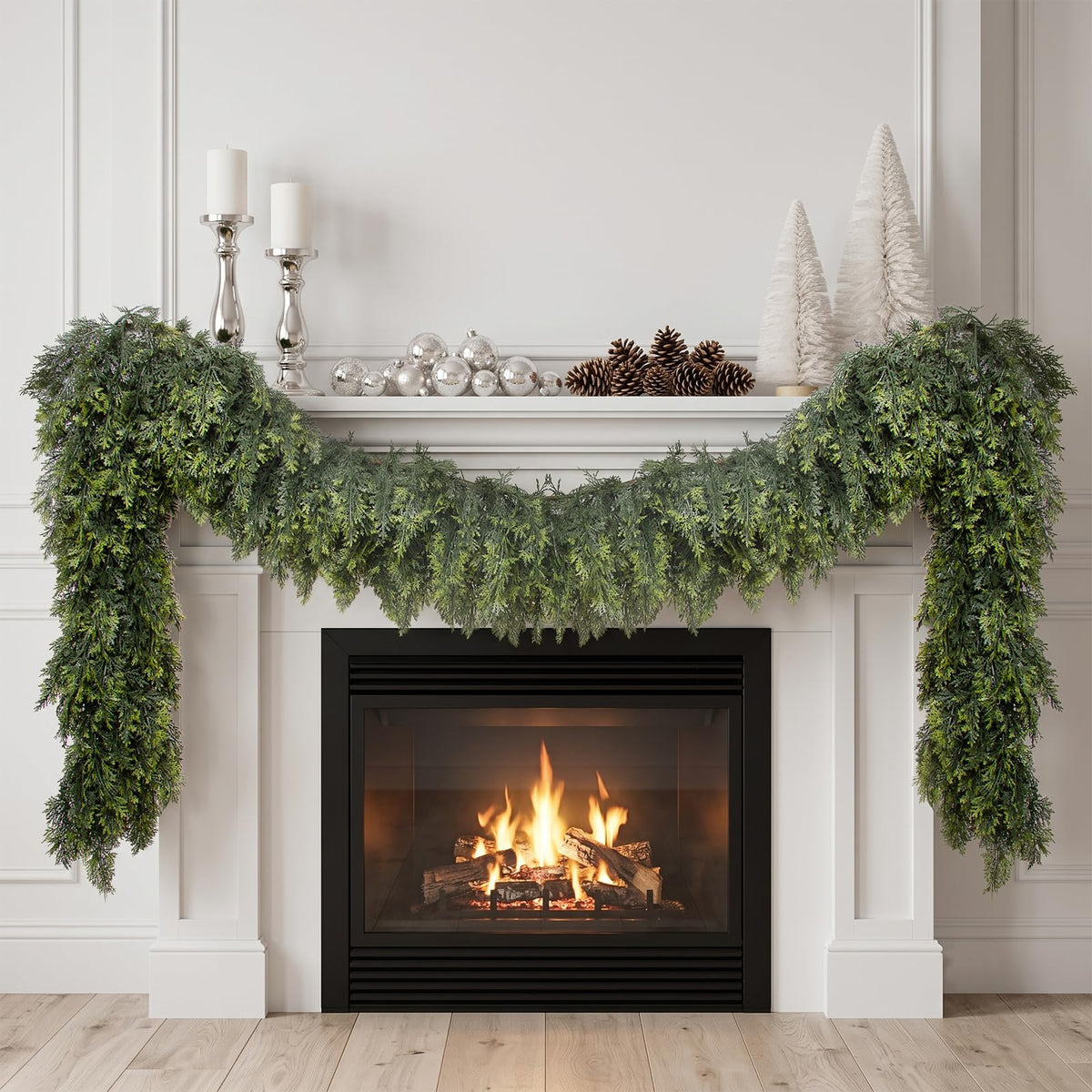 9 FT Christmas Garland, 2 Pcs Real Touch Cedar Garlands Dark Green Cedar Pine Garland, Xmas Artificial Greenery Garland For Fireplace Mantel Staircase Porch Table Winter Decor