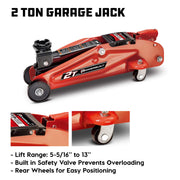 6-Pc 2 Ton Car Jack, Jack Stand, Creeper, Wheel Chocks Set 6-pc garage set includes 2-ton floor jack, jack stands, folding creeper and wheel chocks for vehicle lifting and maintenance