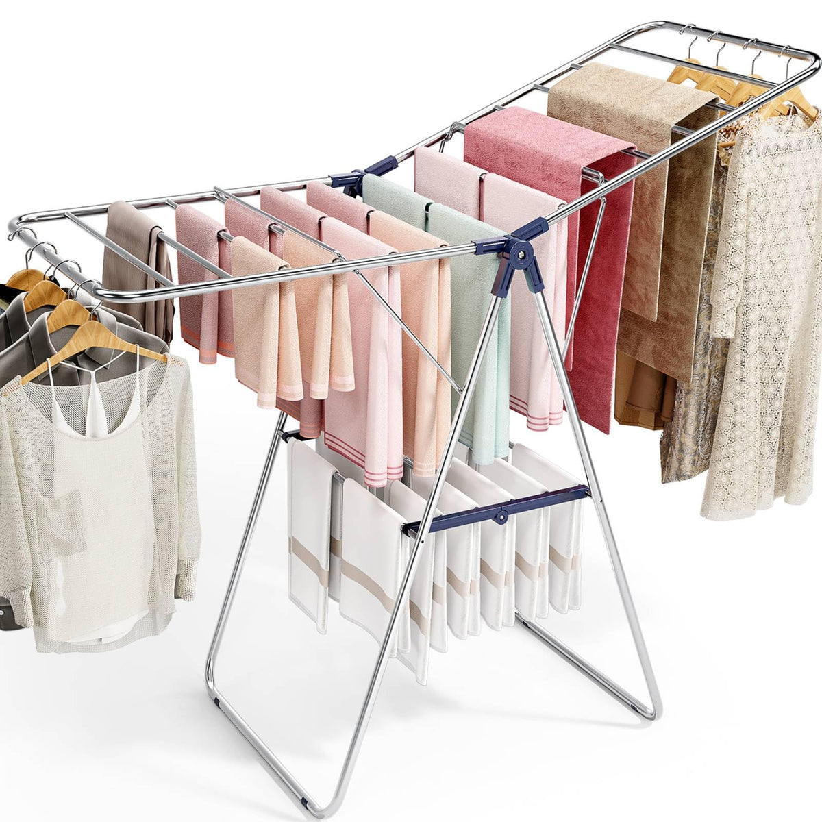 Large Stainless Steel Clothes Drying Rack Fully Assembled, Drying Rack Clothing with Height-Adjustable, Foldable Gullwings Laundry Rack, Indoor Outdoor Use, Blue