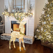 48” Pre-Lit Christmas Reindeer Outdoor Decorations Lighted Deer Glittering Light Up Deer with Gold Jingle Bell 70 LED Twinkle Lights Mesh Buck Deer for Home Lawn Yard Garden Indoor Decor