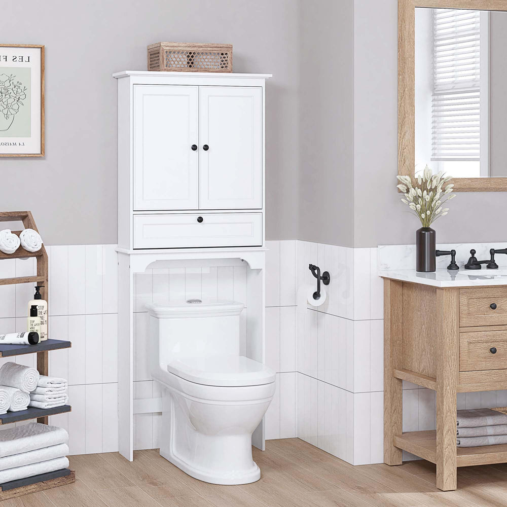 Bathroom Over the Toilet Storage Cabinet with Tilt-Out Cube, White Space-saving Organizer for Small Bathrooms, Doors Conceal Clutter, Adjustable Shelf, Anti-Tip Device, Engineered Wood