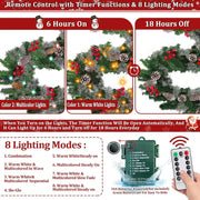 Remote Control&Super Long&8 Modes-18Ft Prelit Snowy Bristle Pine Christmas Garland for Stairs Door Porch Mantle Outdoor Indoor,100 Warm White&Color Switch Lights,Timer,352 Branches 50 Berry Pinecone