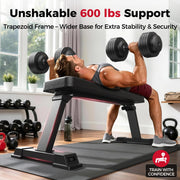 Foldable Flat Weight Bench for Home Gym, 600 lbs Capacity with Dual Locking for Strength Training, Easy Setup & Storage for Small Apartments, Lifting, Hip Thrust, Dumbbell Workout