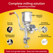 Corona Manual Grain Mill, Molino para Moler Maiz, Cast Iron Grinder Wheat Grinder for Flour, Corn, Masa, Coffee and Spices, High Hopper