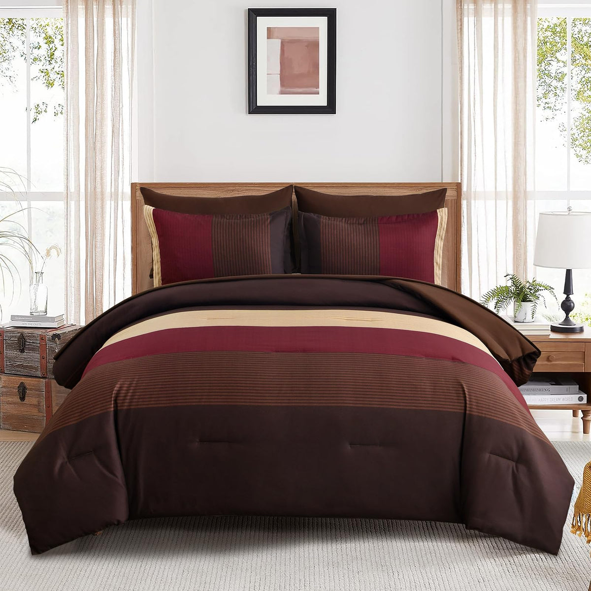 Red and Brown Comforter Set King Size, Boho Burgundy Striped Bedding Comforter Set 7 Piece Bed in a Bag, Soft Microfiber Down Alternative Farmhouse Bedding Set for All Season(104"x90")