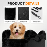 Center Console Dog Car Seat for Small Dogs Under 11lbs, Black Anti-Collapse, Safety Tether, Faux Rabbit Fur-Lined & PU Leather Cover, Washable Puppy Seat for SUV/Truck, Ideal for Travel