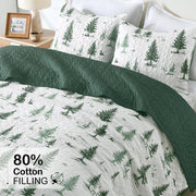 Green Quilt Set King Size 3 Pieces, Reversible Fine Printed Bedspreads with Forest Tree Pattern, Soft and Lightweight Bed Coverlet Bedding Sets for All Season