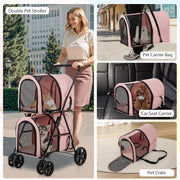 Double Pet Stroller with 2 Detachable Carrier Bags, Safety Belt, 4 Lockable Wheels, Folding Cat & Dog Stroller for Small Medium Pets, Cats Dogs Puppy Travel Strolling Cart (Pink)