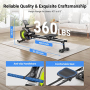16-Level Magnetic Rowing Machine with Extended Slide Rail, App-Ready Monitor, Standard Seat, Gray, 330 lb Capacity