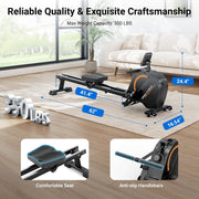 16-Level Magnetic Rowing Machine with Extended Slide Rail, App-Ready Monitor, Standard Seat, Charcoal, 300 lb Capacity