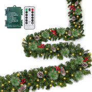 Remote Control - 18FT Long Prelit Outdoor Christmas Garland with Lights Christmas Garland for Stairs Porch Front Door 100 Warm & Colorful Lights Timer 8 Mode Thick 352 Branch 10 Pinecone 50 Berry
