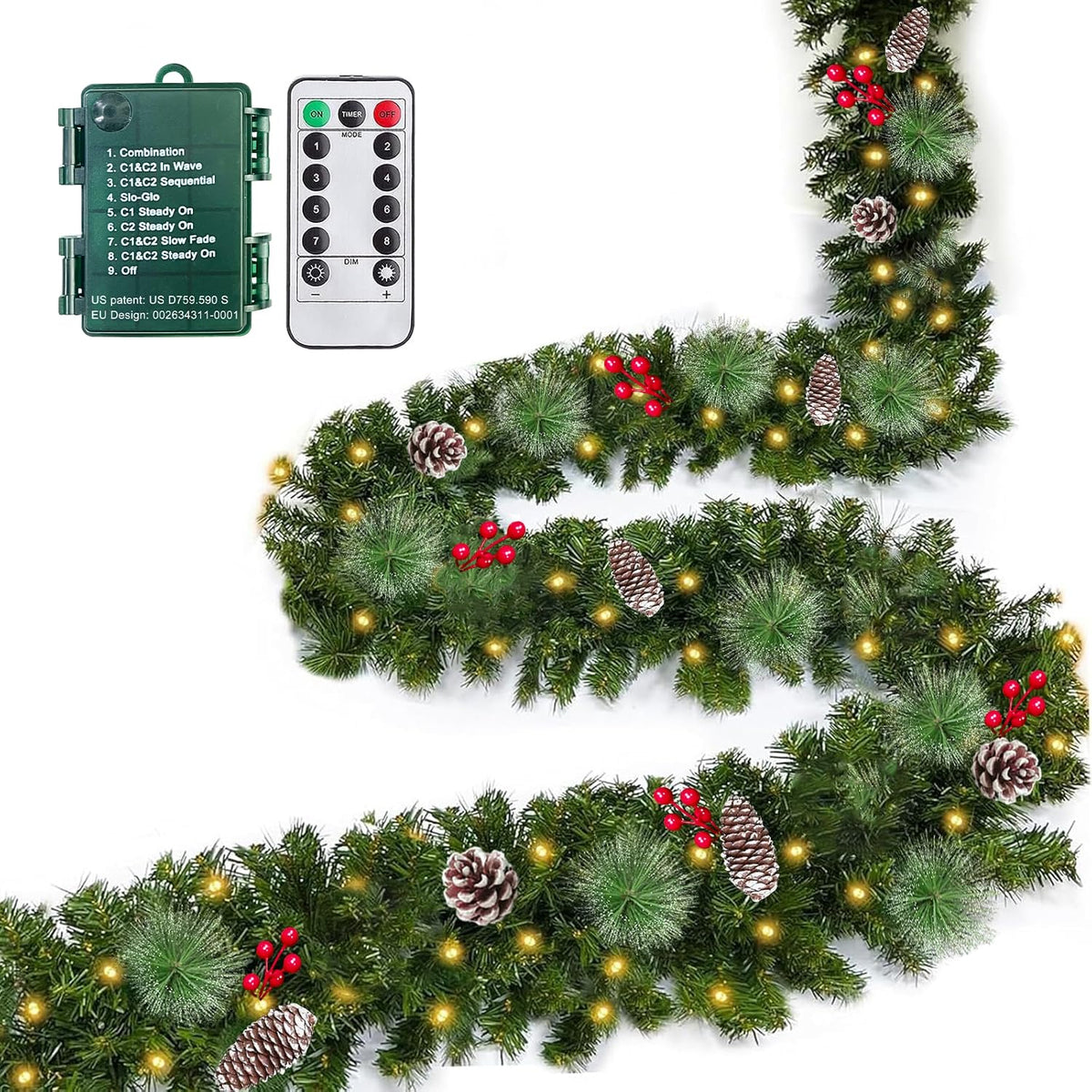 Remote Control - 18FT Long Prelit Outdoor Christmas Garland with Lights Christmas Garland for Stairs Porch Front Door 100 Warm & Colorful Lights Timer 8 Mode Thick 352 Branch 10 Pinecone 50 Berry