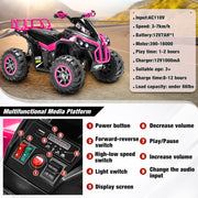 Four Wheeler for Kids – Electric Kids ATV 4 Wheeler for Ages 3–8, 12V Ride On Quad with LED Lights, Music, High/Low Speed, USB/TF, Treaded Tires,Pink.
