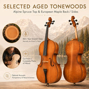 Cello 4/4 Full Size, Beginner Cello Instrument for Adults, Acoustic Cello Set with Padded Bag, Extra Strings, Bridge, Bow & Rosin – for Lessons, Home Practice & School Orchestra, Matte Natural