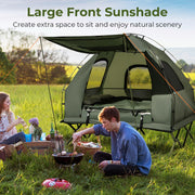 Tent Cot, 5-in-1 Folding Camping Cot with Mattress & Pillows, Sleeping Bags, Sunshade, Camping Tent Elevated with Carrying Bag for Outdoor Hiking, Fishing, Picnic (2-Person)