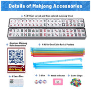 American Mahjong Set with 166 Blue Tiles and Racks, Mahjong Set Blue Printed Carrying Bag, 166 Premium Tiles, 4 All-in-One Color Racks/Pushers, Mahjong Tile Set for Travel, Birthday Gifts