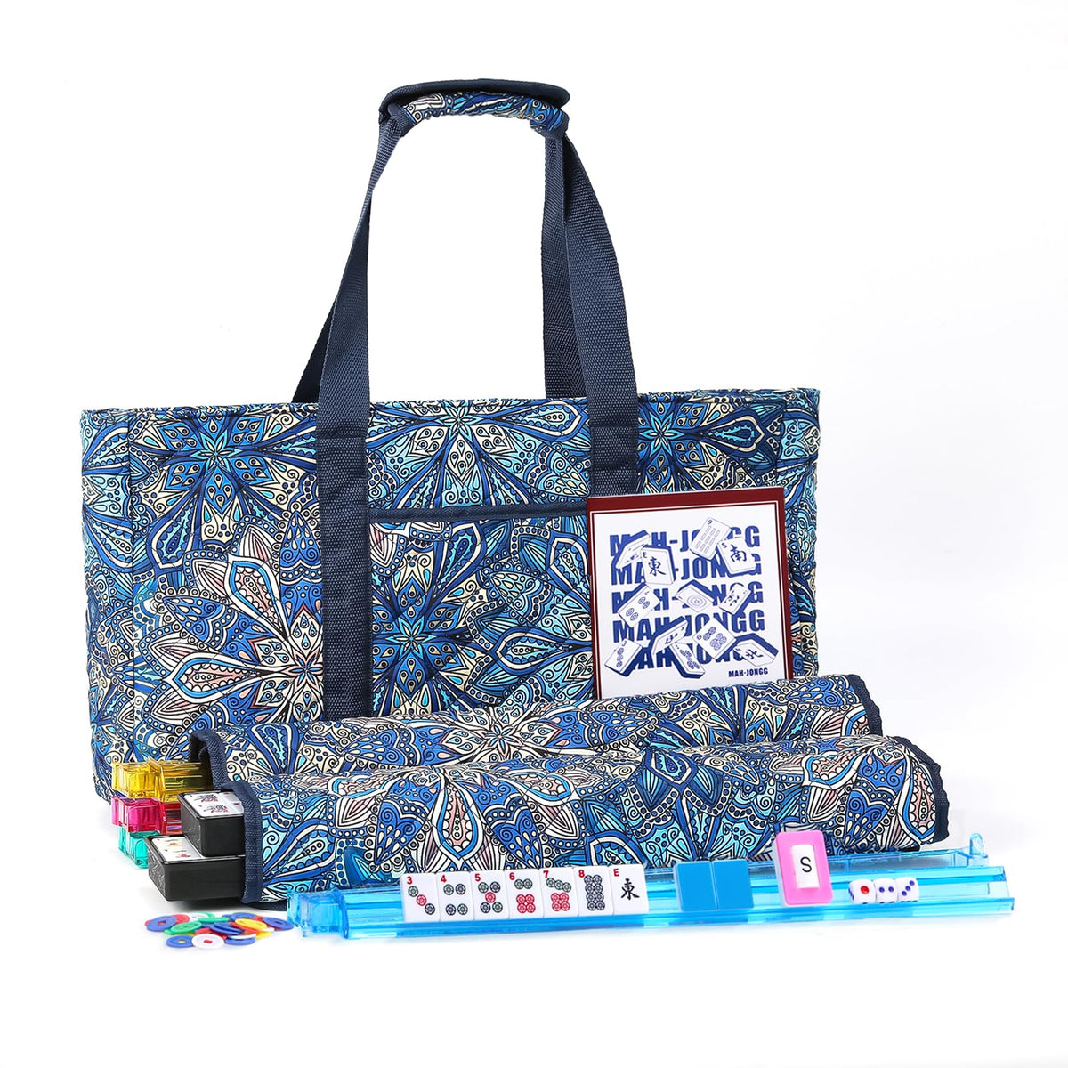 American Mahjong Set with 166 Blue Tiles and Racks, Mahjong Set Blue Printed Carrying Bag, 166 Premium Tiles, 4 All-in-One Color Racks/Pushers, Mahjong Tile Set for Travel, Birthday Gifts