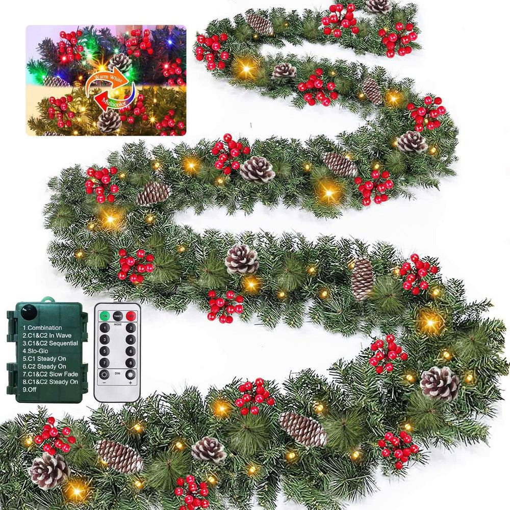 Remote Control&Extra Long-18 Ft Prelit Christmas Garland for Stairs Railing Mantle Front Door Porch Indoor Outdoor Decor 100 Warm White&Colors Switch Lights Timer 8 Modes,340 Thick Branches Tips