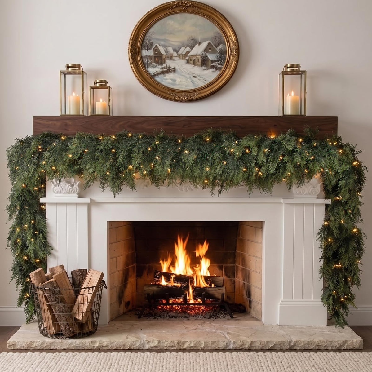 9FT Pre-Lit Christmas Garland, Dark Green Real Touch Cedar Garland Lighted Pine Garland, Realistic Xmas Artificial Greenery Garlands with light for Table, Winter, Outdoor, Mantle Decor