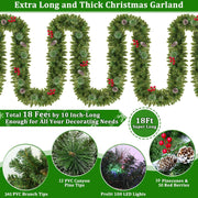 Remote Control - 18FT Long Prelit Outdoor Christmas Garland with Lights Christmas Garland for Stairs Porch Front Door 100 Warm & Colorful Lights Timer 8 Mode Thick 352 Branch 10 Pinecone 50 Berry
