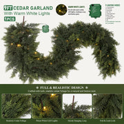 9FT Pre-Lit Christmas Garland, Dark Green Real Touch Cedar Garland Lighted Pine Garland, Realistic Xmas Artificial Greenery Garlands with light for Table, Winter, Outdoor, Mantle Decor