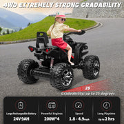 24V 4 Wheeler for Big Kids, 4x4Kids ATV w/800W Powerful Engines, 9AH Electric Four Wheeler w/Remote Control, Gift Bow, Kneepads, Bluetooth, USB, 2 Seater Ride On Toys Car for Kids, Black