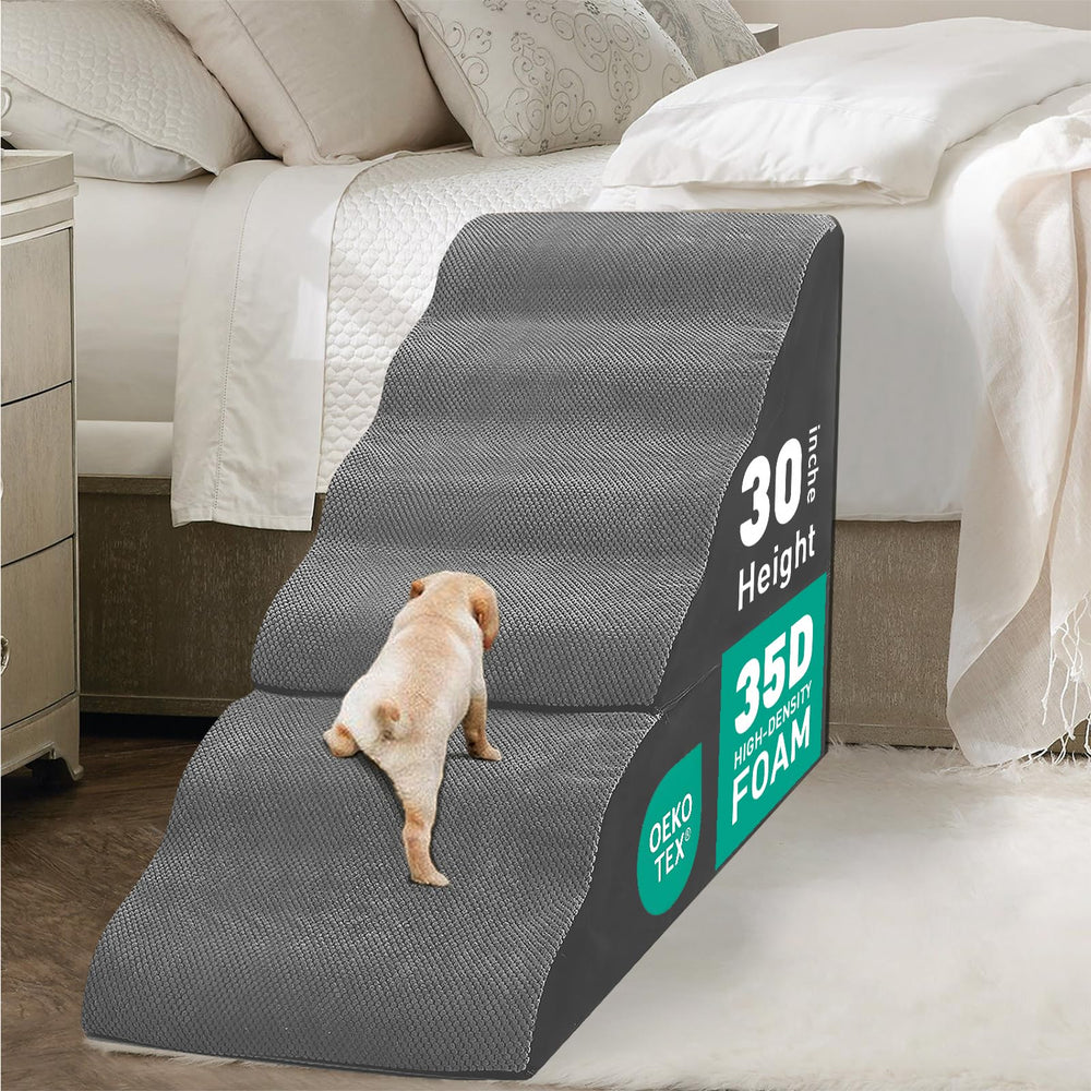 Dog Stairs for High Beds 30-36 Inches Tall, 30" High Dog Steps for Bed, 6-Step Pet Stairs for Small Medium Dogs & Cats, 35D Foam Non-Slip Pet Stair Ramp for High Beds, Free-Installation, Grey